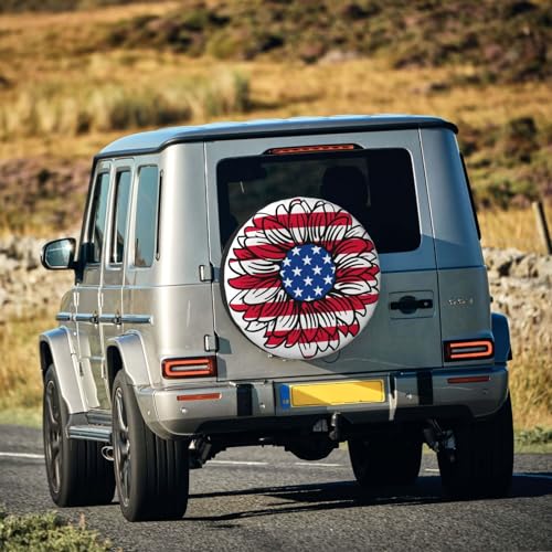 Image of Spare Tire Cover American Flag Sunflower Wheel Covers USA Flag Weatherproof Universal Wheel Protectors for Rv SUV Camper Travel Trailer 15 Inch
