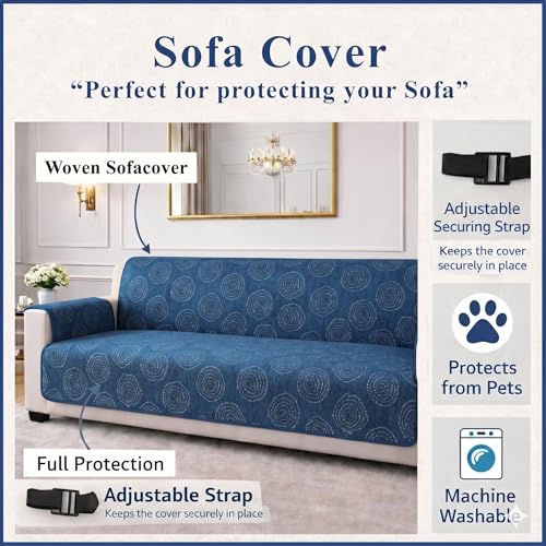 Image of STITCHNEST 'Opulence Series' Floral Woven Sofa Cover for 2 Seater | Premium Soft Fabric Sofa Protector | Blue Circular Pattern with Tassel Edge Finish | Durable Living Room Furniture Cover