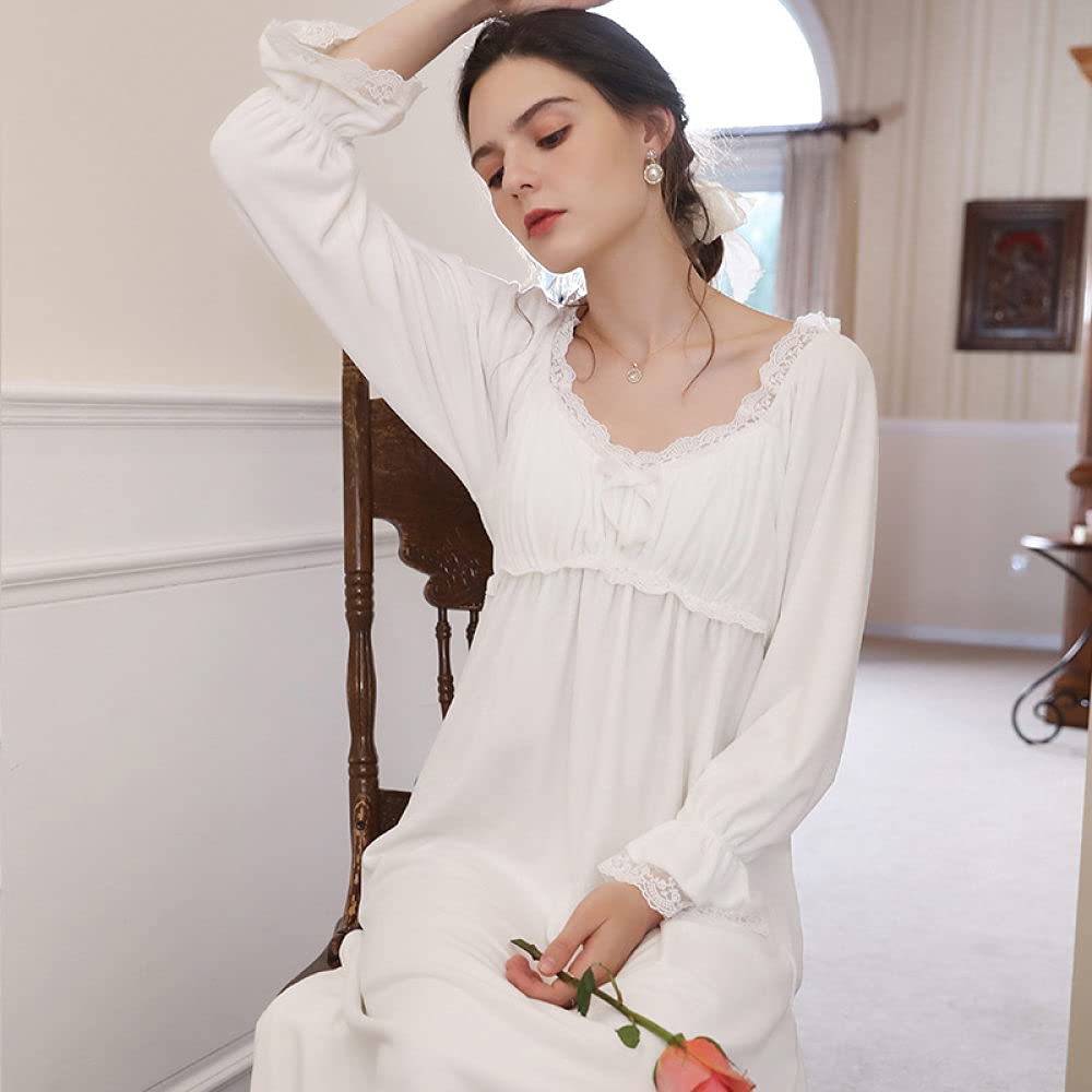 Mujer De Algodón Camisón,Camisones De Mujer De Manga Larga Beige Moda Sexy De Encaje En V Profundo Camisón De Franela Suave Cuello En V Suelto Bata Informal Camisón Largo Ropa De Hogar De Invier