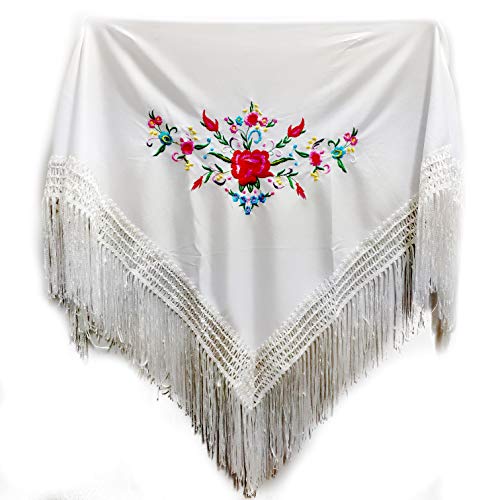 MUNDDY® - Mantón Poliéster Bordado en Flores Para niña. Mantones Flamenco Sevillana.Color Rojo Negro Rosa Blanco Amarillo Azul. Envio desde madrid con seguimiento. … (Blanco)