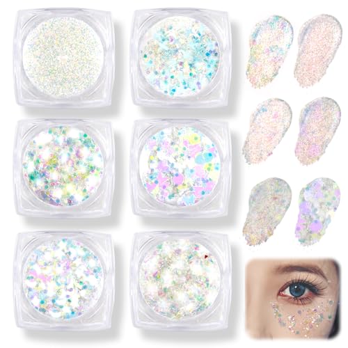 Juego de 6 geles transparentes con purpurina para la cara y el cuerpo, festival de gel con lentejuelas para la cara y el cuerpo, para niños y adultos, lentejuelas brillantes para maquillaje, carnaval