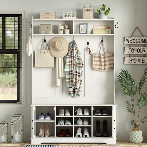 Hall Tree, Off White Entryway Bench with Coat Rack, 10 Shoe Storage & 7 Coat Hooks & Adjustable Shelf, Glass Door Farmhouse Wooden Style Hall Tree with Shoe Storage Bench