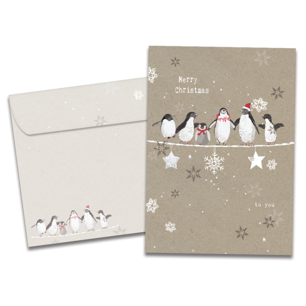 Tree-Free Greetings Holiday Greeting Cards, Penguin Merry Christmas, Vintage Brown Recycled Paper, Boxed Note Card Set