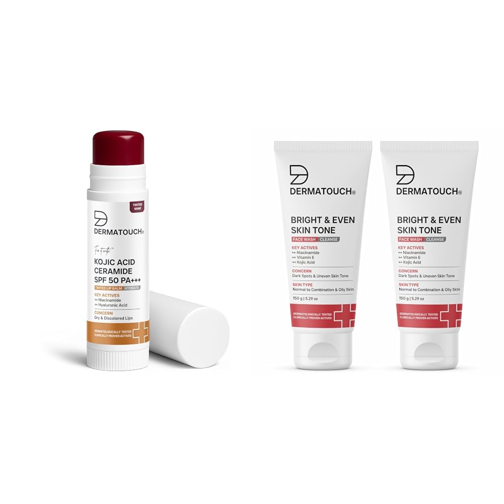 DERMATOUCH Kojic Acid Ceramide SPF 50 PA+++ Tinted Wine Lip Balm - 5g & Bright & Even Tone Face Wash with Niacinamide, Vitamin E and Kojic Acid-image-46