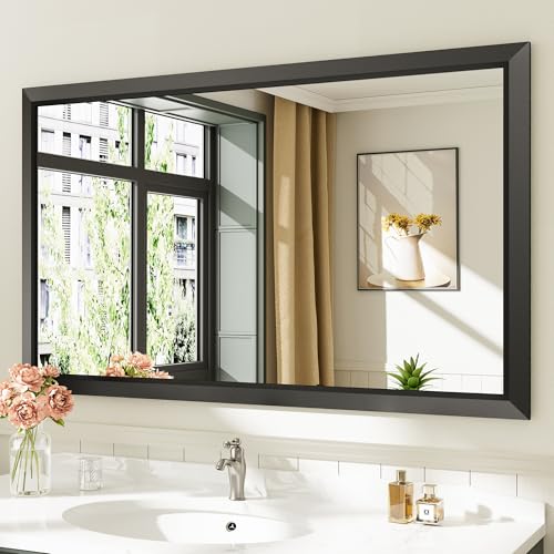 50x30 Inch Black Bathroom Mirror for Wall, Thick Metal Framed Rectangle Mirrors for Over Sink, Bedroom, Living Room, Entryway, Anti-Rust, HD Tempered Glass