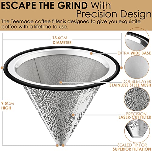 Pour Over Coffee Filter,Reusable 304 Stainless Steel Coffee Dripper Wide Metal Base Perfect For Chemex Hario V60 Bodum & Other Coffee Makers Paperless Coffee Filter For Sustainable Brewing By Teemade #TOP2