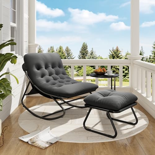 Image of Aoxun Garden Rocking Chairs with Stool, Lounge Chair Outdoor with Heavy-Duty Metal Frame, Weatherproof Cozy Reading Chair, 160kg Capacity, Reclining Garden Chairs for Patio Balcony Indoor