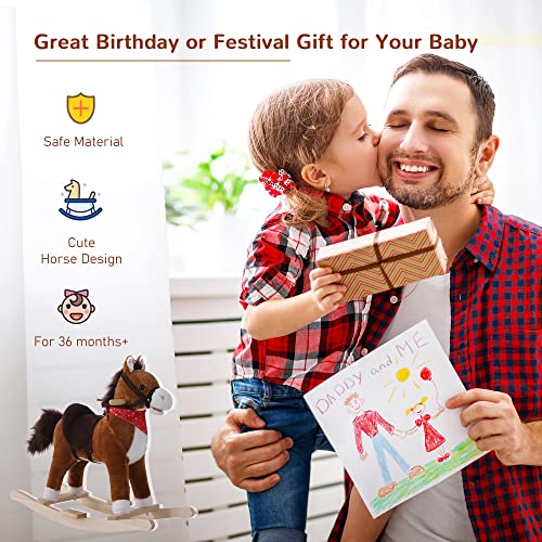 Qaba Kids Ride On Rocking Horse Plush Toy With Realistic Sounds And Red Scarf For Over 3 Years Old Birth Gift #TOP6
