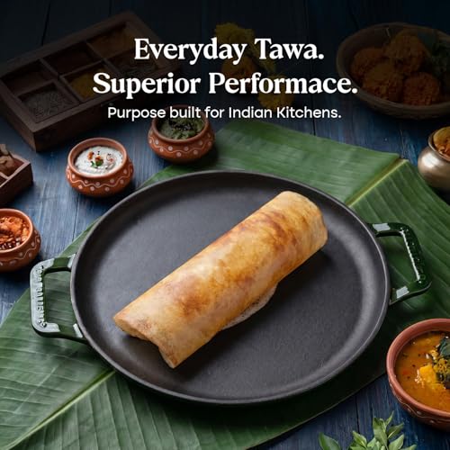 Image of CUMIN CO. Cast Iron Non Stick Dosa Tawa 30 cm | Induction Base Cookware | 10 Year Warranty | Chemical Free Coating | Non Toxic Tawa for Dosa /Chilla | Free Accessories | No Seasoning Needed | Green