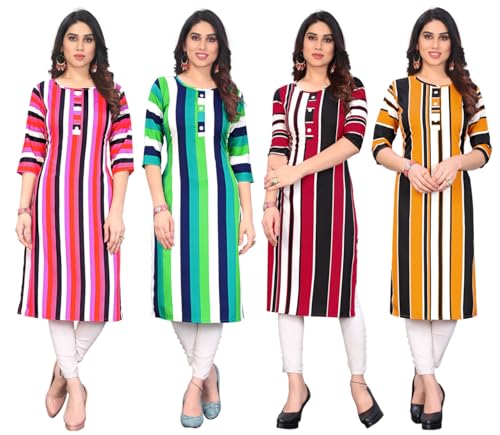 Image of JAKHANA Women's Crepe Printed Casual Straight Calf Length Round Nick Kurta Pack of 4