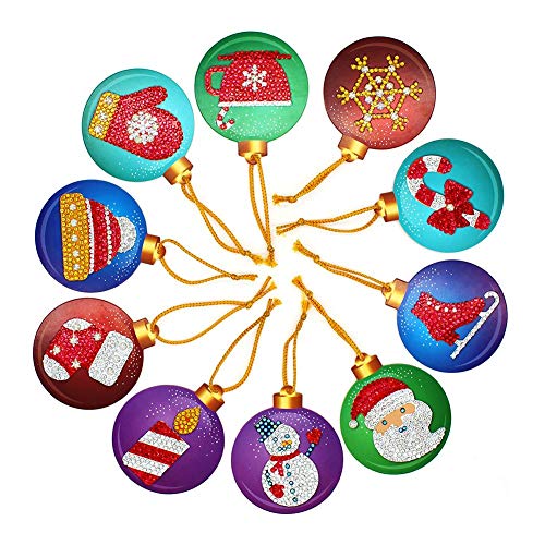 Demiawaking 10pcs Ornamenti per Alberi di Natale Ciondoli Pendenti Natalizi con DIY Diamond Painting Kit Forma di Fiocchi di Neve Campana Babbo Natale Decorazioni per Albero di Natale