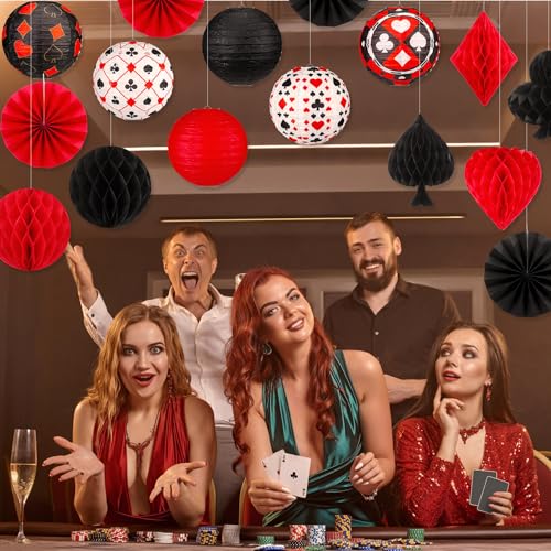 Image of Baquler 18 Pcs Casino Party Decoration 3D Poker Hanging Paper Lantern Red and Black Fans Honeycomb Ball for Las Vegas Game Casino Night Birthday Party Ceiling Decor Supplies