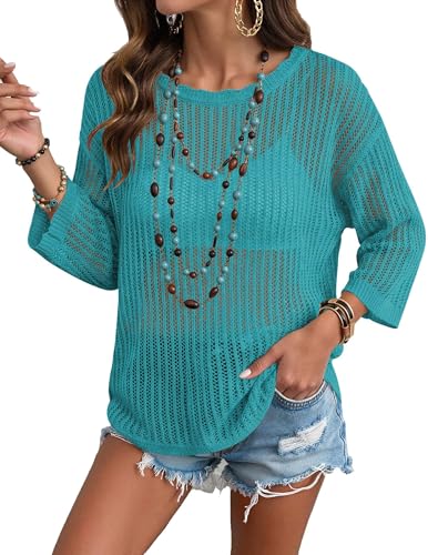 Image of Zeagoo Womens Summer Tops Crochet Sweaters Resort Wear 3 /4 Sleeve Hollow Out Knit Tops 2026 Beach Coverup