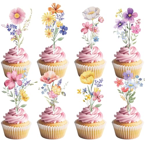 Lovarywow Wildflower Birthday Party Decorations - 40PCS Wildflower Baby Shower Decorations Floral Cupcake Toppers Flower Cake Decor Garden Themed Wedding Bridal Shower Supplies for Girls Women