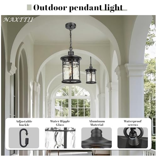 Image of Large Hanging Porch Light 12.4 Inch Dusk to Dawn Outdoor Pendant Light with Water Ripple Glass Waterproof Outdoor Hanging Lantern Light with Adjustable Chain E26 Socket