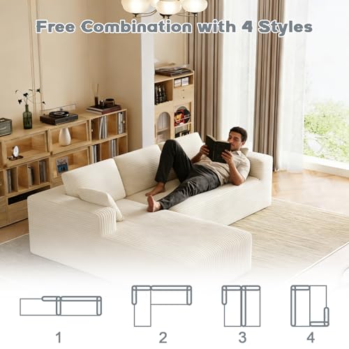 Image of 106 inch Corduroy Sectional Couch, Boneless L Shaped Couch with Deep Seat, Cloud Foam Sofa with Oversized Chaise, Sectional Sofa No Assembly Needed for Living Room