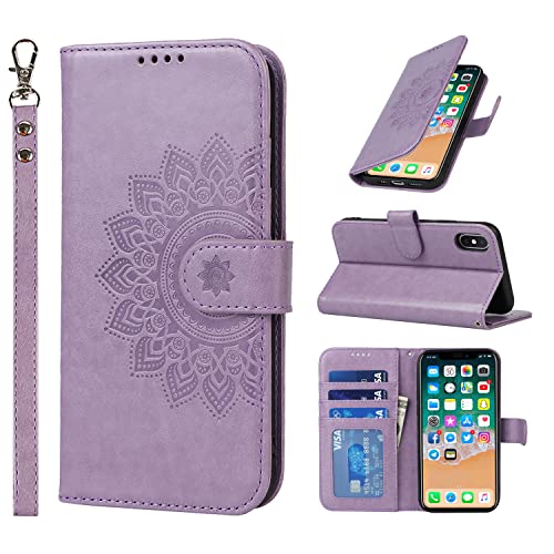 for iPhone Xs Max Case Wallet with Cards Holder,Coque for iPhone XSMax Flower Strap Case,Leather Phone Case Women Flip Cover Bag portefeuille Pour Femmes for iPhoneXSMax Purple