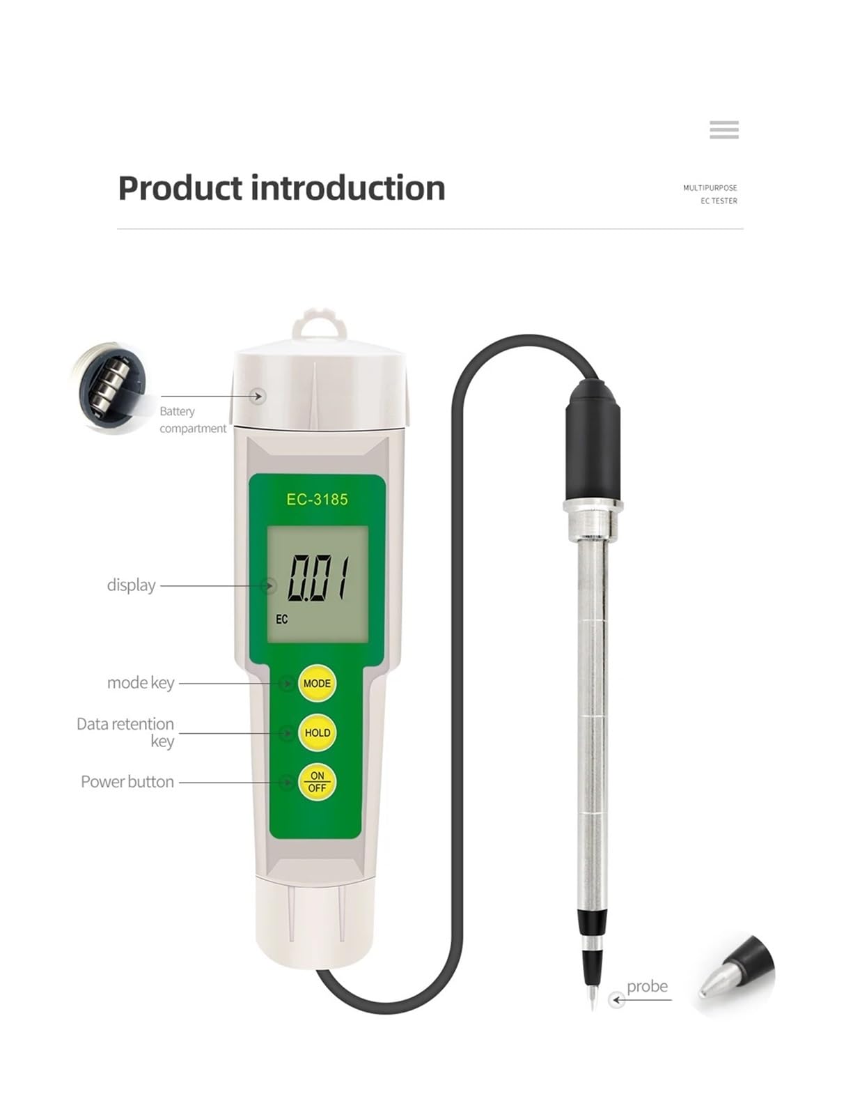 3 w 1 EC-3185 Miernik gleby EC/TDS/CF Cyfrowy tester temperatury dla roślin ogrodowych z sondą, Szybka reakcja