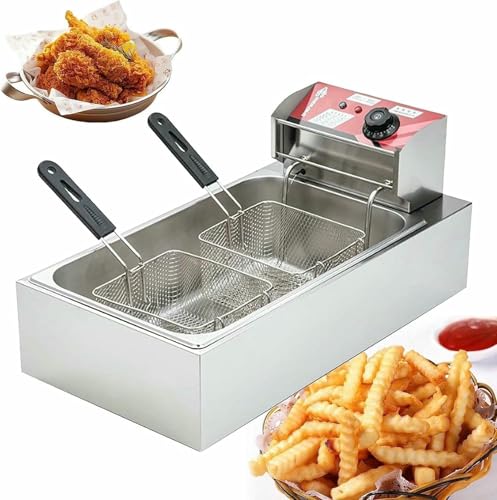HOTAPEPU Freidora de Aceite eléctrica Comercial de 3000 W, Doble freidora de 12 L con Tapa y 2 cestas para Aceite, Temperatura Ajustable de 60 a 250 °C, Cesta extraíble de fácil Limpieza
