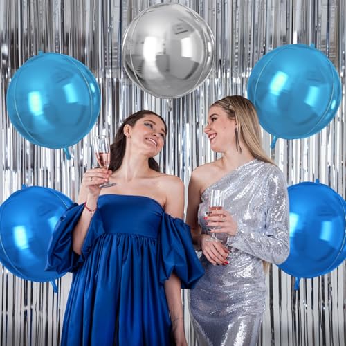 Image of 9 Pcs Blue Silver Round Foil Balloons,22 Inch Round Balloons | Blue Silver Giant 4D Round Ball Balloons For Birthday Graduation Retirement Baby Shower Party Decorations