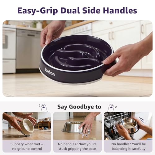 LOOBANI Slow Feeder Dog Bowls - 3.5 Cups Ceramic Slow Feeder Dog Bowls for Large Dogs, Slow Feeding Easy-Grip Handles, Perfect for Fast Eaters Goldens, Labradors & Huskies (L, Purple) — view 5
