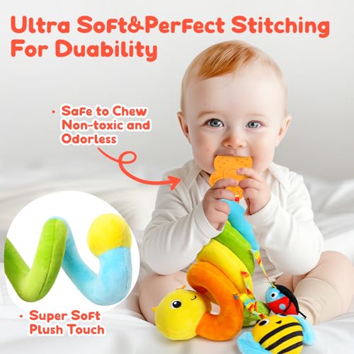 Image of TSYAN Caterpillar Spiral Stroller Toy with Teether | Soft travel activity plush features a bee, ladybug, and flower teether. Perfect for on-the-go sensory play and soothing.