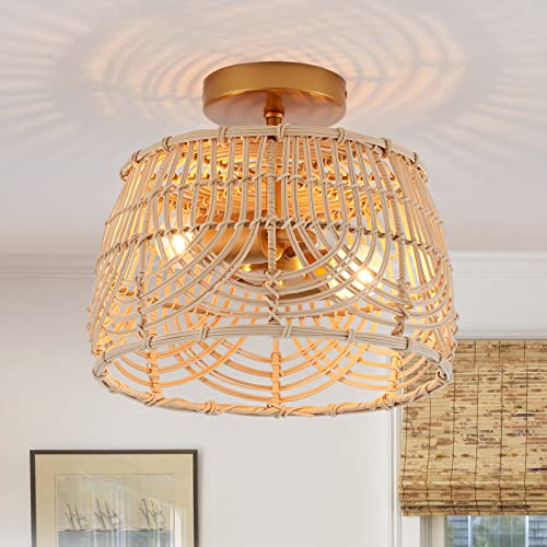 Mhytogn Woven Rattan Bamboo Brass Flush Mount Ceiling Light， Wicker Light Fixture For Entryway Bedroom Hallway Kitchen Corridor Passway 2-Light #TOP5