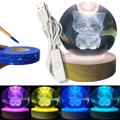 Image of 3D Kitten Crystal Ball 3.15 inch / LED Gradient Color Wooden USB Switch Base /Cat-Themed Couple Gift /Birthday,Christmas Gifts for Women