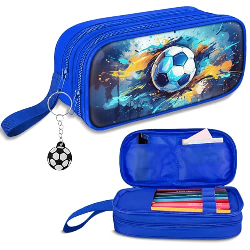Image of TILYTADLY Large Pencil Case for Boys - Soccer Boys Pencil Pouch with Zipper Compartments - Big Capacity Pen Box Pen Bag Organizer with Keychain for Kids Teens School
