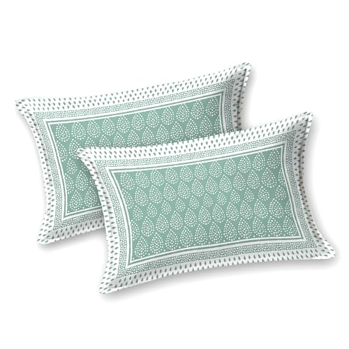 Image of BLOCKS OF INDIA Hand Block Printed 200 TC Cotton Super King Size Bedsheet (Green DOT)