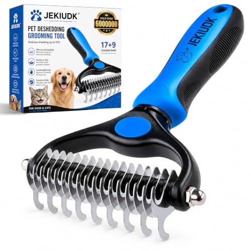 Dog Brush Undercoat Rake for Deshedding Loose Fur and Separating Tangles with Curved Metal Teeth Textured Handle and Hanging Hole Pet Grooming Tool for Routine Coat Care and Easy Storage (BLUE)