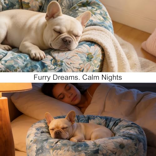 Image of Dog Calming Beds for Small Medium Large Dogs - Round Donut Washable Puppy Dog Bed, Anti-Slip Faux Fur Fluffy Donut Cuddle Anxiety Cat Pet Bed (24 inch Flower)