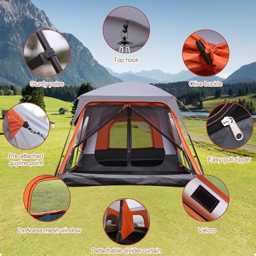 8–10-12 Person Camping Tent, 2 Room Family Tent with Zippered Divider, Porch, Rainfly, Extra Large Waterproof Cabin Tent with 3 Mesh Doors & Windows, Easy Setup 7.1 ft Tall Tent for Outdoor Camping - Image 8