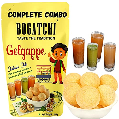 Image of BOGATCHI Pani puri packet ready to eat with 4 Waters Masala and Green & Red Chutneys | Pani Puri Papad | Golgappe Packet Readymade pani poori | Panipuri Fiber Rich Golgappa Complete Combo, 200g