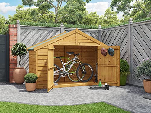 BillyOh 3x8 Overlap Wooden Apex Bike Shed Log Storage Double Door with Floor, Roof & Felt Store Shed 3ft x 8ft