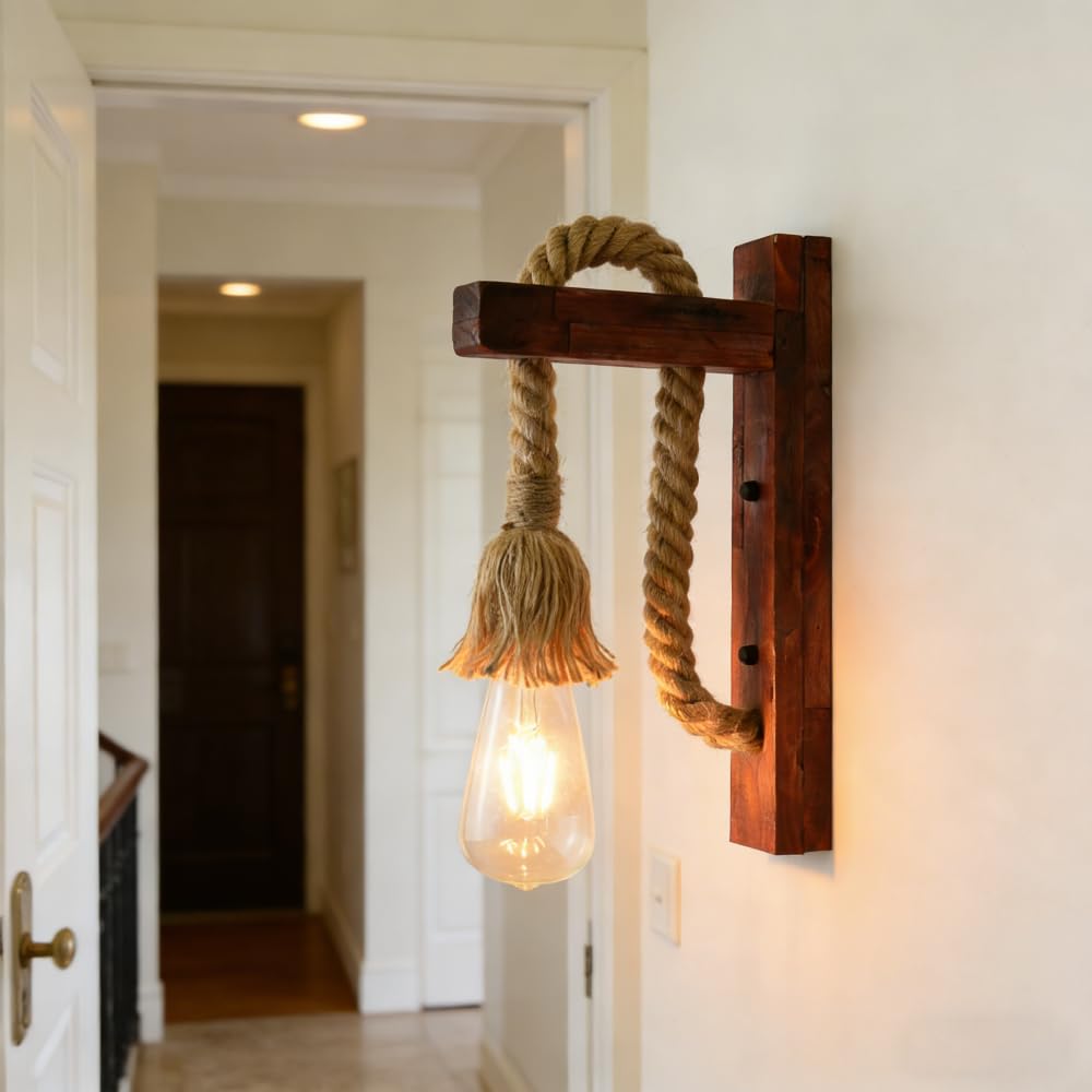 XINYASEE Rustic Wooden Rope Wall Sconce - Vintage Industrial Wall Light Fixture with Hemp Rope for Bedroom, Living Room, Kitchen, Farmhouse Decor, Edison Bulb Compatible (B)