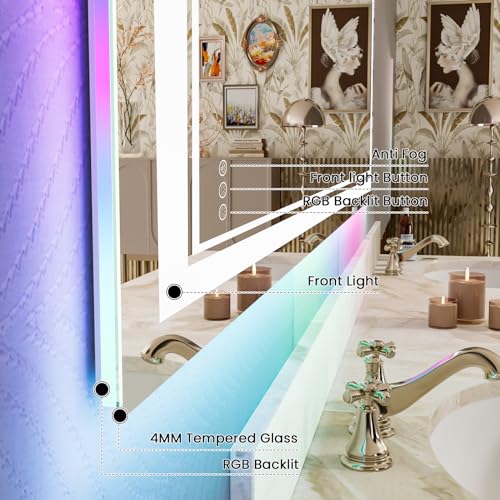 84x32 Inch LED Bathroom Mirror with Lights, Color Changing RGB Backlit Mirror,Large Lighted Vanity Mirrors for Bathroom Wall, Dimmable, Anti-Fog (RGB Backlit+Front-Lit)
