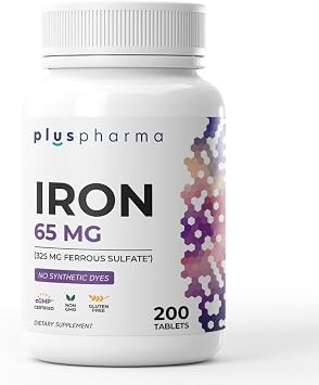 Iron 65 mg from 325 mg Ferrous Sulfate, 200 Tablets, High Potency Iron Supplement, Non-GMO, Gluten Free, No Synthetic Dyes