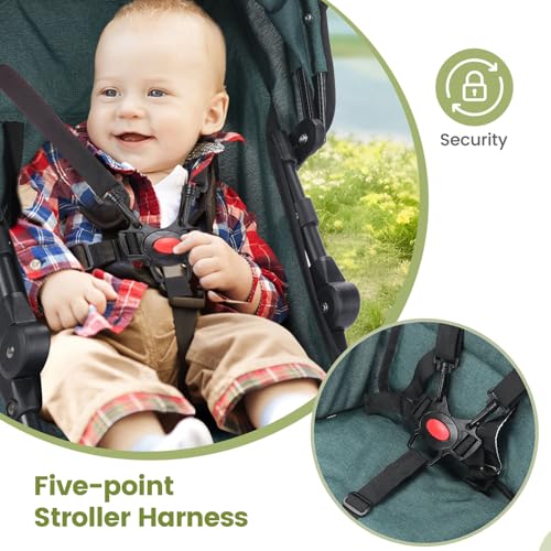 Image of One-Handed Folding Lightweight Stroller, Large Storage Basket, Canopy, Cup Holder, Compact Umbrella Stroller Durable Frame, 3-36M Travel Stroller for Airplane Ultra Overhead Friendly (Dark Green)