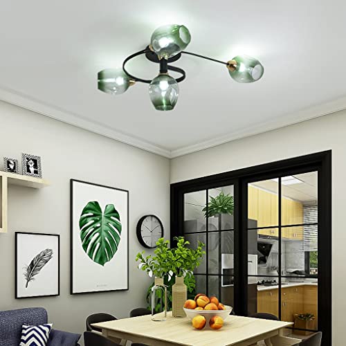 Plafonnier spirale en verre vert et fer noir à 4 douilles E27 - 2
