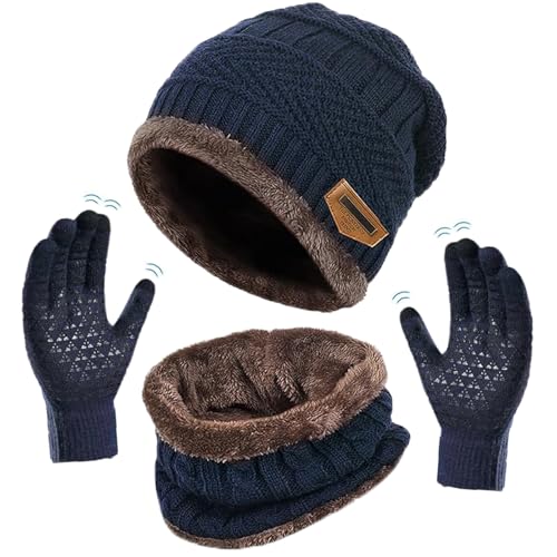 XILEPINGAN Conjunto Gorro Bufanda Guantes Táctiles para unisex, Set de Bufanda y Guantes Invierno, Conjunto Bufand y Gorro y Guanes, con forro polar (Azul)