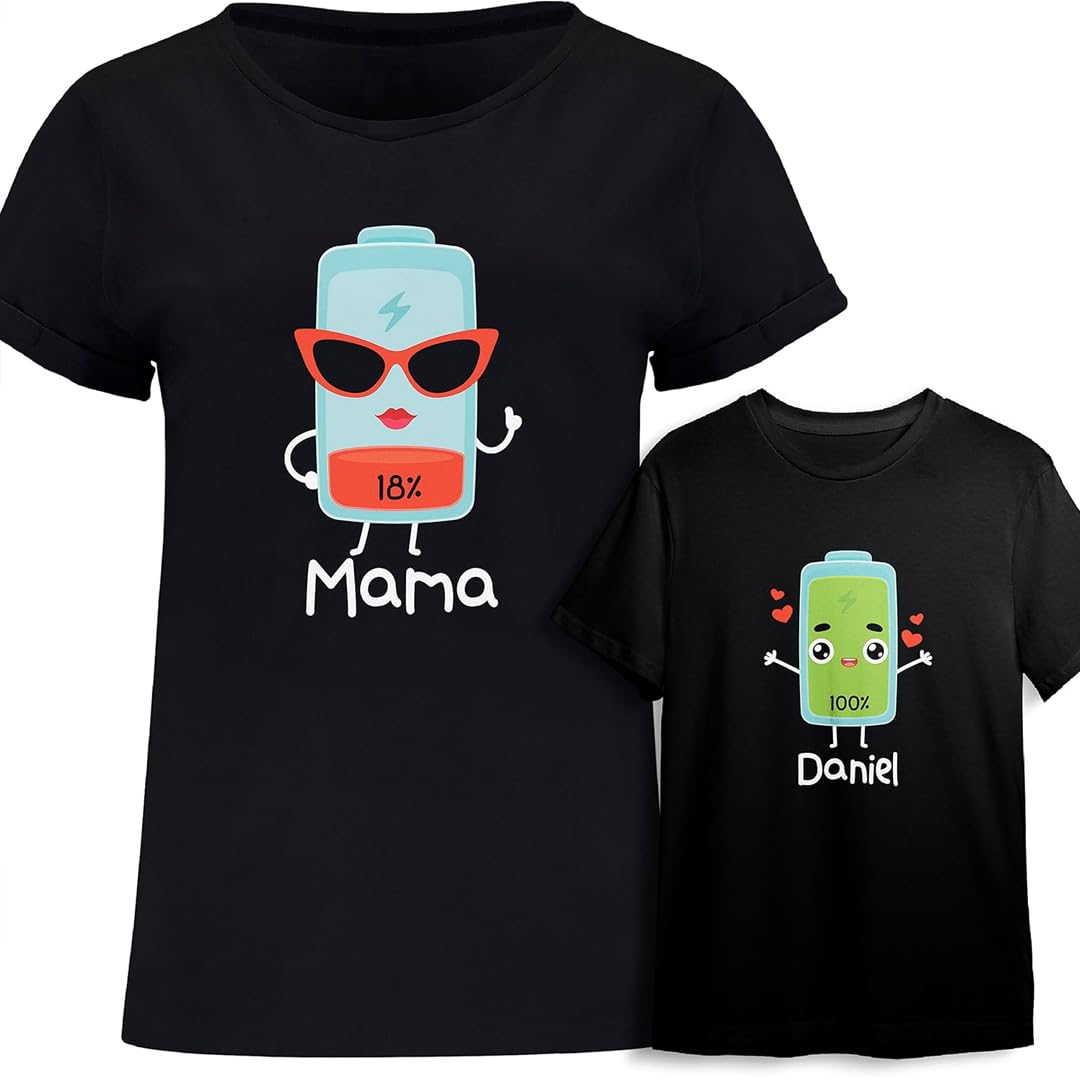 Evyre | Camisetas Personalizadas Regalo Día de la Madre | 100% Algodón | Camiseta Personalizada Mujer + Body Bebe o Camiseta Niña/Niño | Diseño Batería, Energía | Regalos para Mamá e Hijos Originales