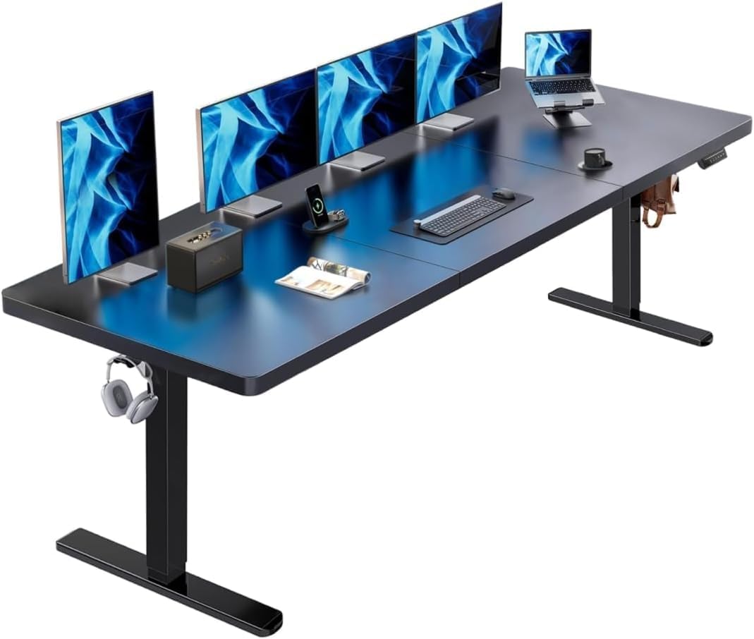 HUANUO 83x 30 Inch Large Electric Standing Desk, Brushless Motor, Black | 30 Inch Deep Desktop, 220 lb Capacity, 4 Memory Presets, Cable Tray, Dual Hooks, Height 27.9–46.5 Inch; Ships In 2 Packages
