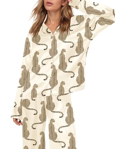 Image of SHESHOW Satin Pajamas Set for Women Set Long Sleeve Button Down Pjs Sets 2 Piece Loungewear Animal Sleepwear XS-XXL