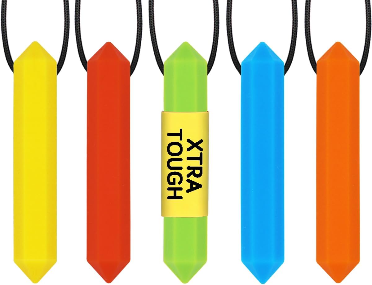 Sensory Chew Necklace for Kids, Boys or Girls (5 Pack) - Chewing Necklace Teething Necklace Teether Necklace Chew Toys - Teething Toys Designed for Autism ADHD (5 Colors)
