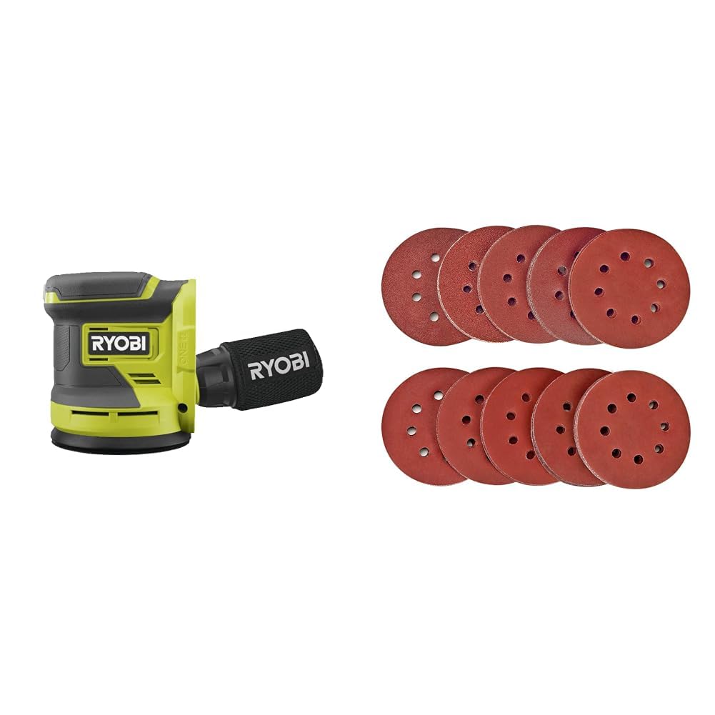 RYOBI - Ponceuse excentrique 18 Volts ONE - 125 mm - 3 abrasifs - RROS18-0 & Disque de Ponçage 100pcs SPTA Disques Abrasifs 40/80/120/180/320/600/800/1000/1500/2000 Grain