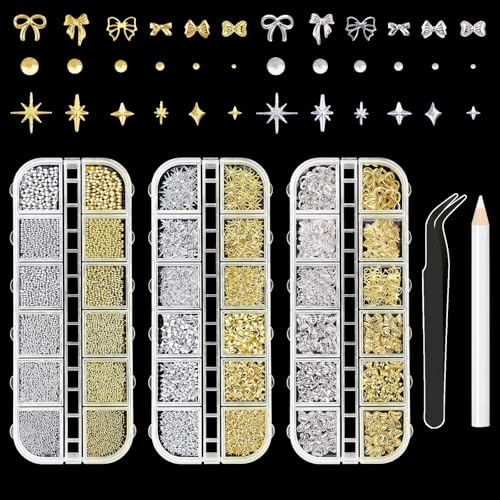 Sularpek 3 Boîtes de Breloques pour Ongles, 36 Types d'Accessoires de Nail Art en Or et Argent, Nœuds, Étoiles, Perles, avec Pince à Épiler, Décoration d'Ongles