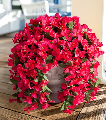 Faux Bougainvillea Artificial Flowers Plants for Outdoors Outside Decoration 2 PCS Fake Flowers Silk Long Trailing Vines UV Resistant Realistic for Front Door Porch Planter Urn Patio Balcony Hot Pink