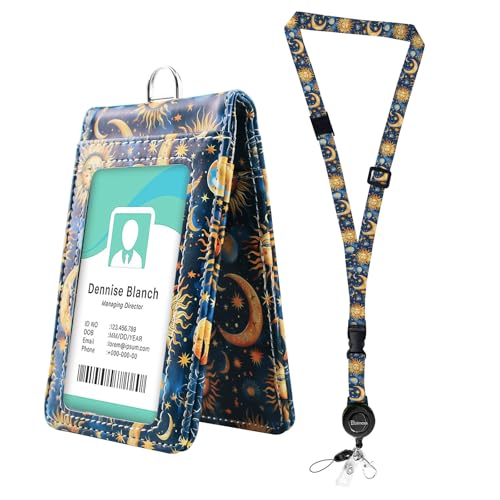 Double Sided Clear Badge Holder with Quick-Release Buckles & Adjustable Retractable Lanyards, Breakaway Neck Lanyards, Veritcal Leather ID Badge Name Card Holder for Nurse Teacher Student (Sun Moon