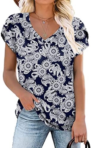 CATHY Women Summer Tunic Petal Sleeve V-neck Tshirt Loose Comfy Blouse Casual Basic Beach Tops White Sun Flower X-Large